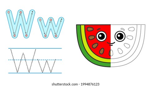Trace the letter and picture and color it. Educational children tracing game. Coloring alphabet. Letter W and funny Watermelon