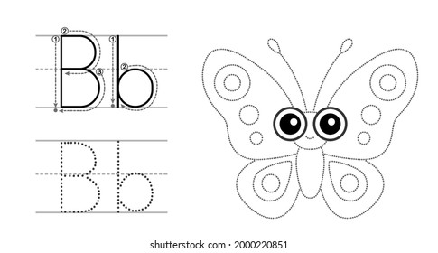 Trace the letter and picture and color it. Educational children tracing game. Coloring alphabet. Letter B and funny Butterfly