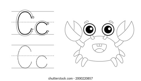 Trace the letter and picture and color it. Educational children tracing game. Coloring alphabet. Letter C and funny cartoon crab