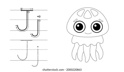 Trace the letter and picture and color it. Educational children tracing game. Coloring alphabet. Letter J and funny cartoon Jellyfish
