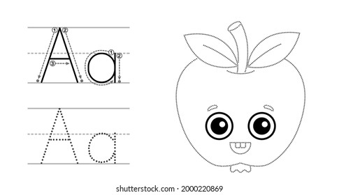 Trace the letter and picture and color it. Educational children tracing game. Coloring page alphabet. Letter A and funny Apple