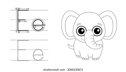 Trace the letter and picture and color it. Educational children tracing game. Coloring alphabet. Letter E and funny cartoon elephant