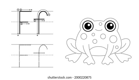 Trace the letter and picture and color it. Educational children tracing game. Coloring alphabet. Letter F and funny cartoon frog