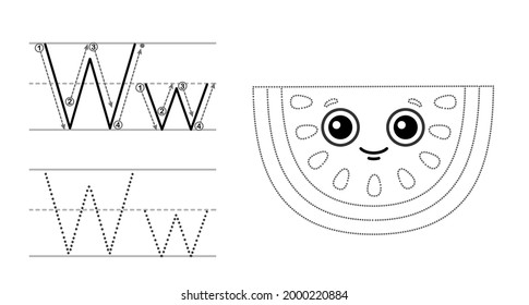 Trace the letter and picture and color it. Educational children tracing game. Coloring alphabet. Letter W and funny cartoon Watermelon