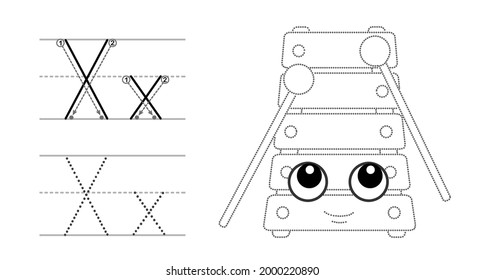 Trace the letter and picture and color it. Educational children tracing game. Coloring alphabet. Letter X and funny cartoon Xylophone