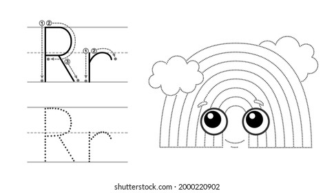 Trace the letter and picture and color it. Educational children tracing game. Coloring alphabet. Letter R and funny cartoon Rainbow