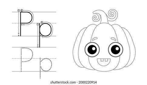 Tragen Sie den Brief und das Bild ein und färben Sie ihn. Erzieherisches Kindererziehungsspiel. Färben des Alphabets. Letter P und lustiger Cartoon Kürbis