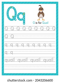 Trace letter Q uppercase and lowercase. Alphabet tracing practice preschool worksheet for kids learning English with cute cartoon animal. Activity page for Pre K, kindergarten. Vector illustration