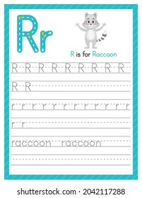 Trace letter R uppercase and lowercase. Alphabet tracing practice preschool worksheet for kids learning English with cute cartoon animal. Activity page for Pre K, kindergarten. Vector illustration