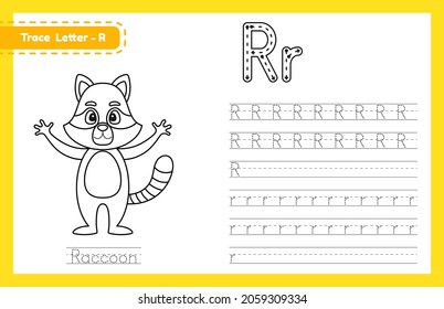 Trace letter R uppercase and lowercase. Alphabet tracing practice preschool worksheet for kids learning English with cute cartoon animal. Coloring book for Pre K, kindergarten. Vector illustration