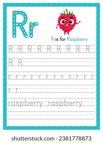 Trace letter R uppercase and lowercase. Alphabet tracing practice preschool worksheet for kids learning English with cartoon raspberry. Activity page for Pre K, kindergarten. Vector illustration.