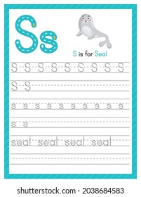 Trace letter S uppercase and lowercase. Alphabet tracing practice preschool worksheet for kids learning English with cute cartoon animal. Activity page for Pre K, kindergarten. Vector illustration