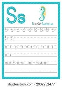 Trace letter S uppercase and lowercase. Alphabet tracing practice preschool worksheet for kids learning English with cute cartoon animal. Activity page for Pre K, kindergarten. Vector illustration