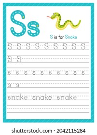 Trace letter S uppercase and lowercase. Alphabet tracing practice preschool worksheet for kids learning English with cute cartoon animal. Activity page for Pre K, kindergarten. Vector illustration