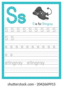 Trace letter S uppercase and lowercase. Alphabet tracing practice preschool worksheet for kids learning English with cute cartoon animal. Activity page for Pre K, kindergarten. Vector illustration