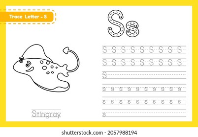 Trace letter S uppercase and lowercase. Alphabet tracing practice preschool worksheet for kids learning English with cute cartoon animal. Coloring book for Pre K, kindergarten. Vector illustration