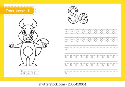 Letra de seguimiento S mayúscula y minúscula. Practica el rastreo de alfabetos en una hoja de cálculo preescolar para niños que aprenden inglés con tierno animal de dibujos animados. Libro de Colores para Pre K, kindergarten. Ilustración del vector