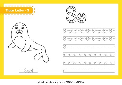 Trace letter S uppercase and lowercase. Alphabet tracing practice preschool worksheet for kids learning English with cute cartoon animal. Coloring book for Pre K, kindergarten. Vector illustration