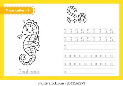 Trace letter S uppercase and lowercase. Alphabet tracing practice preschool worksheet for kids learning English with cute cartoon animal. Coloring book for Pre K, kindergarten. Vector illustration