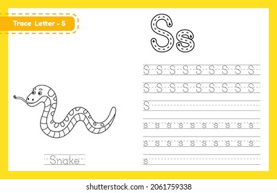 Trace letter S uppercase and lowercase. Alphabet tracing practice preschool worksheet for kids learning English with cute cartoon animal. Coloring book for Pre K, kindergarten. Vector illustration