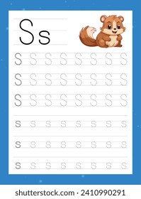 Trace letter S uppercase and lowercase. Alphabet tracing practice preschool worksheet for kids learning English with cute cartoon animal. Coloring book for Pre K, kindergarten. Vector illustration