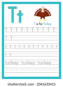 Trace letter T uppercase and lowercase. Alphabet tracing practice preschool worksheet for kids learning English with cute cartoon animal. Activity page for Pre K, kindergarten. Vector illustration