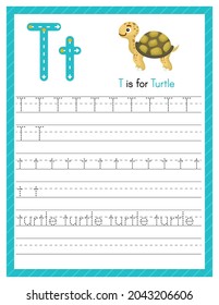Trace letter T uppercase and lowercase. Alphabet tracing practice preschool worksheet for kids learning English with cute cartoon animal. Activity page for Pre K, kindergarten. Vector illustration