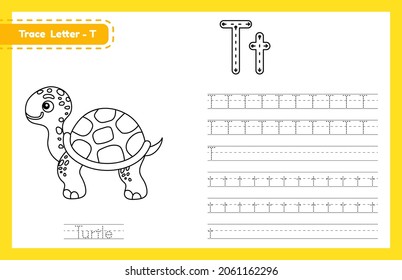 Trace letter T uppercase and lowercase. Alphabet tracing practice preschool worksheet for kids learning English with cute cartoon animal. Coloring book for Pre K, kindergarten. Vector illustration