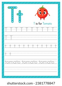 Trace letter T uppercase and lowercase. Alphabet tracing practice preschool worksheet for kids learning English with cartoon tomato. Activity page for Pre K, kindergarten. Vector illustration.