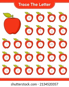 Trace the letter. Tracing letter alphabet with Apple. Educational children game, printable worksheet, vector illustration