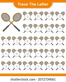Trace the letter. Tracing letter alphabet with Badminton Rackets. Educational children game, printable worksheet, vector illustration
