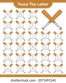 Trace the letter. Tracing letter alphabet with Baseball Bat. Educational children game, printable worksheet, vector illustration