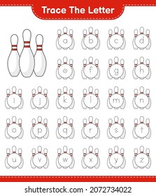 Trace the letter. Tracing letter alphabet with Bowling Pin. Educational children game, printable worksheet, vector illustration
