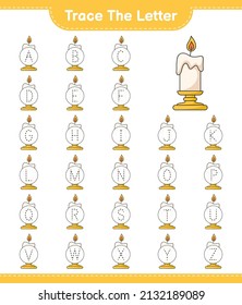 Trace the letter. Tracing letter alphabet with Candle. Educational children game, printable worksheet, vector illustration