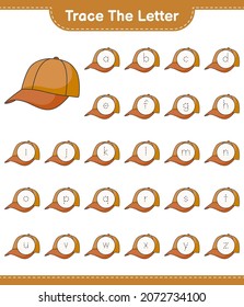 Trace the letter. Tracing letter alphabet with Cap Hat. Educational children game, printable worksheet, vector illustration