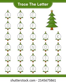 Trace the letter. Tracing letter alphabet with Christmas Tree. Educational children game, printable worksheet, vector illustration