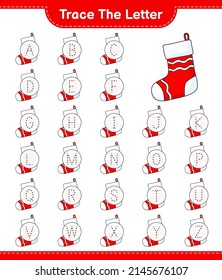 Trace the letter. Tracing letter alphabet with Christmas Sock. Educational children game, printable worksheet, vector illustration