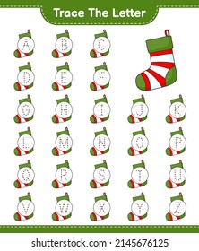 Trace the letter. Tracing letter alphabet with Christmas Sock. Educational children game, printable worksheet, vector illustration