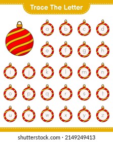 Trace the letter. Tracing letter alphabet with Christmas Ball. Educational children game, printable worksheet, vector illustration