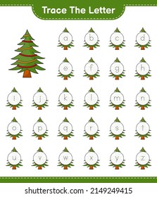 Trace the letter. Tracing letter alphabet with Christmas Tree. Educational children game, printable worksheet, vector illustration