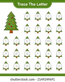 Trace the letter. Tracing letter alphabet with Christmas Tree. Educational children game, printable worksheet, vector illustration