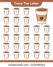 Trace the letter. Tracing letter alphabet with Coffee Cup. Educational children game, printable worksheet, vector illustration