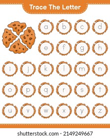 Rastrear la carta. Trazando alfabeto con cookie. Juego infantil educativo, hoja de cálculo imprimible, ilustración vectorial