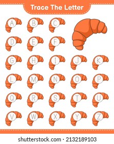Trace the letter. Tracing letter alphabet with Croissant. Educational children game, printable worksheet, vector illustration