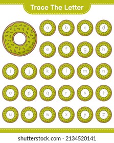 Trace the letter. Tracing letter alphabet with Donut. Educational children game, printable worksheet, vector illustration