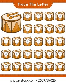 Trace the letter. Tracing letter alphabet with Drum. Educational children game, printable worksheet, vector illustration