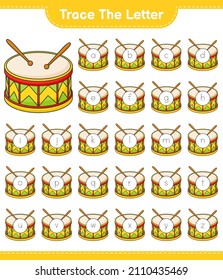 Trace the letter. Tracing letter alphabet with Drum. Educational children game, printable worksheet, vector illustration