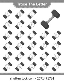 Trace the letter. Tracing letter alphabet with Dumbbell. Educational children game, printable worksheet, vector illustration