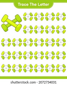 Trace the letter. Tracing letter alphabet with Dumbbell. Educational children game, printable worksheet, vector illustration