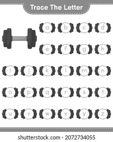 Trace the letter. Tracing letter alphabet with Dumbbell. Educational children game, printable worksheet, vector illustration